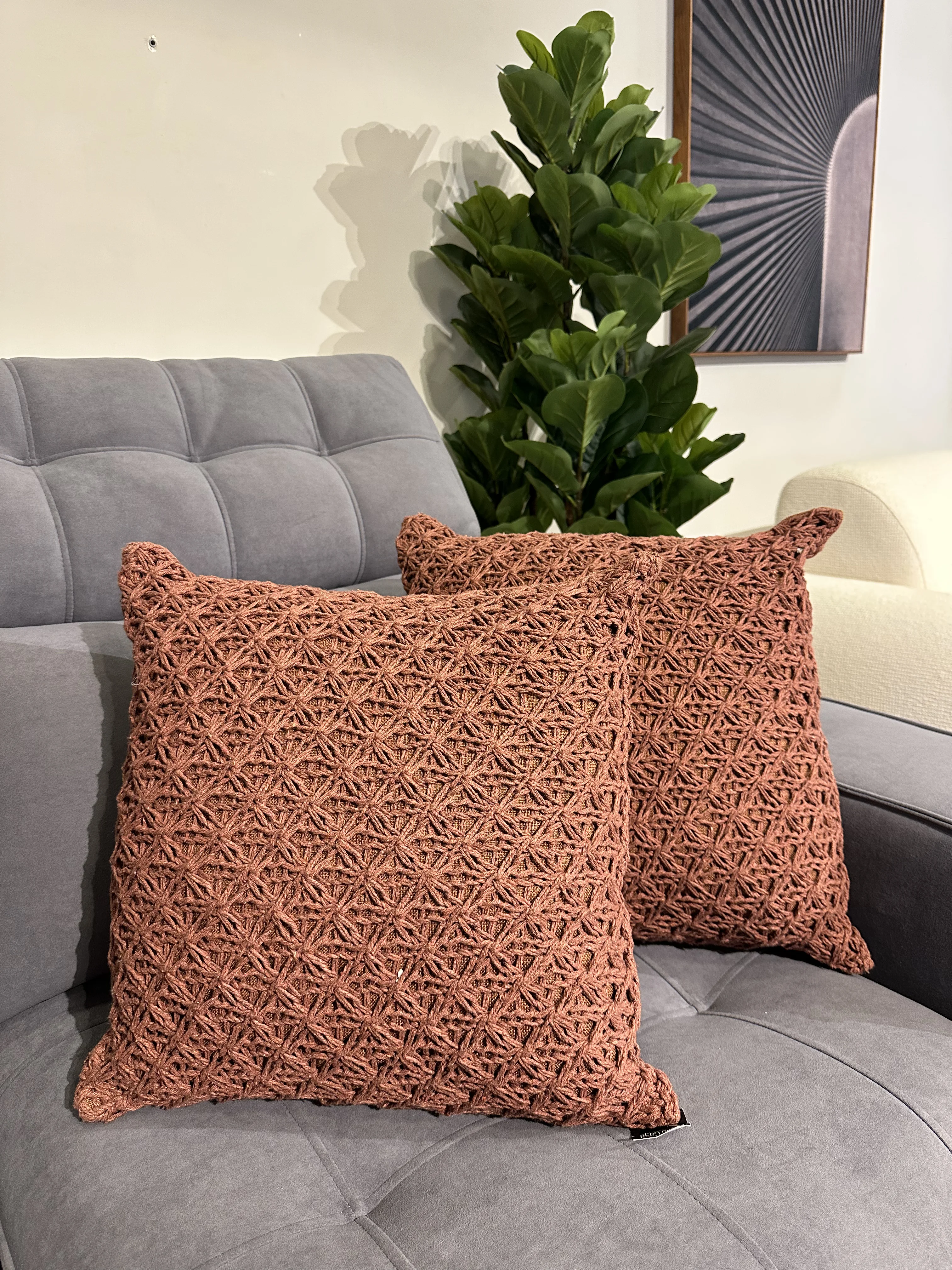 Almohada en tela Lino y croché terracota